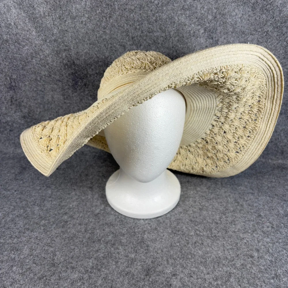 Nine West Womens Wide Brim Floppy Sun Hat OS Cream Crochet Straw Beach Summer